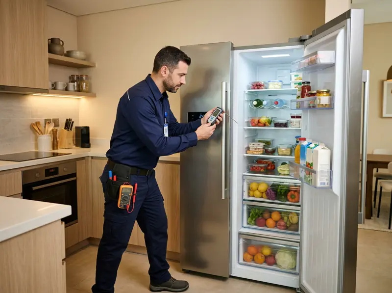 Appliance technician checking the temperature of an open refrigerator in a Doha kitchen