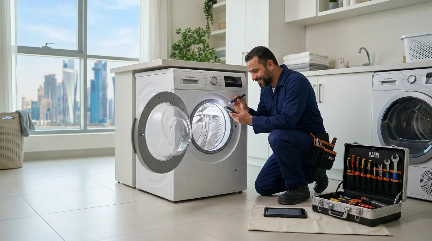 Experienced appliance technician inspecting a washing machine during a home repair visit in Doha, Qatar