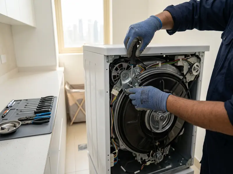 Technician repairing the motor and drum of a washing machine during a home visit in Doha